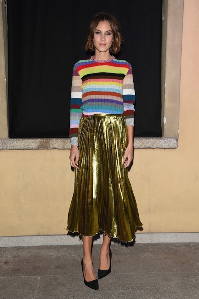 pleated-skirt-metallic-gold-midi-skirt-black-pumps-fall-stripes-rainbow-stripes-alexa-chung-fall-colorblock-milan-fashion-week-getty